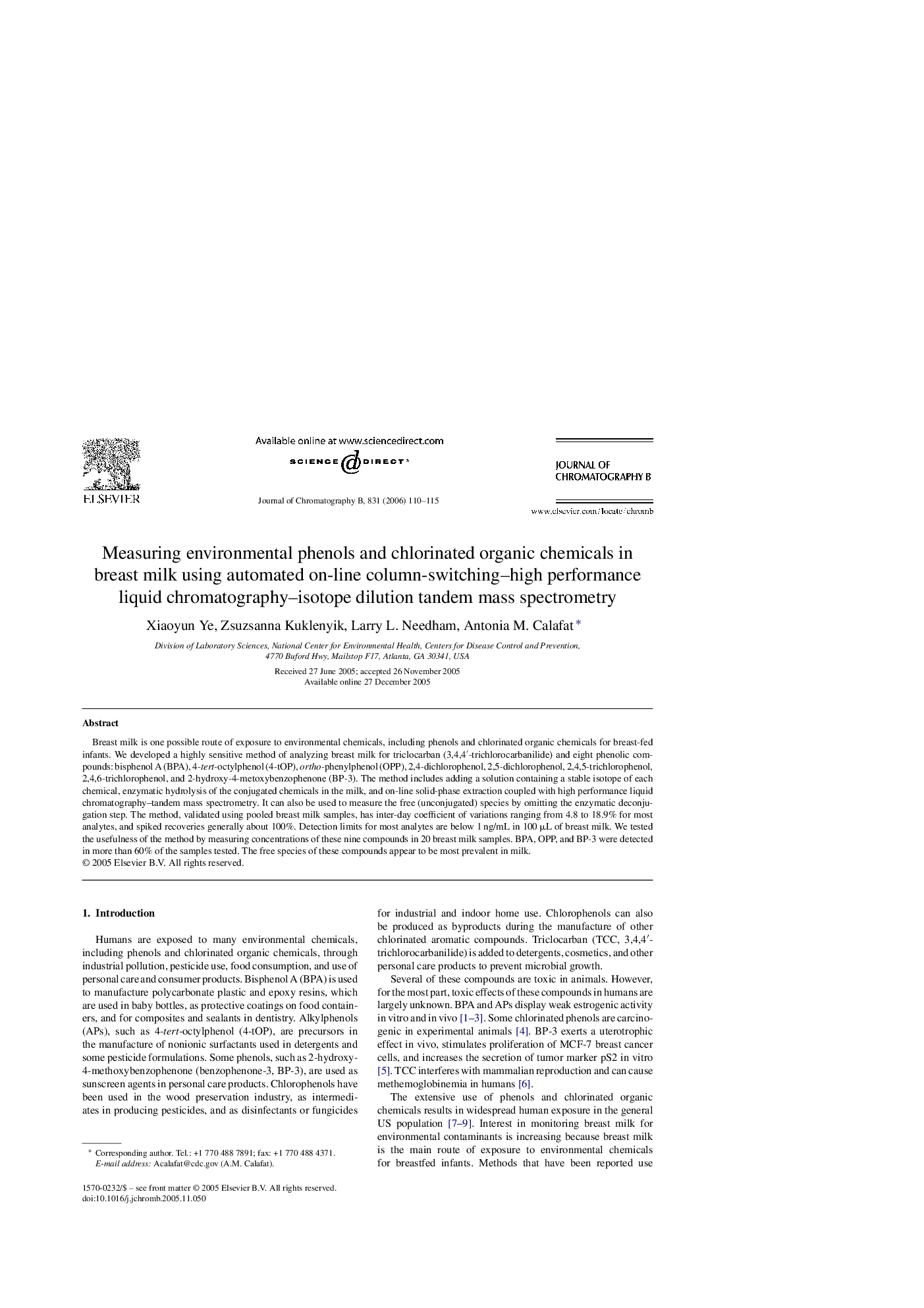 Measuring environmental phenols and chlorinated organic chemicals in breast milk using automated on-line column-switching–high performance liquid chromatography–isotope dilution tandem mass spectrometry