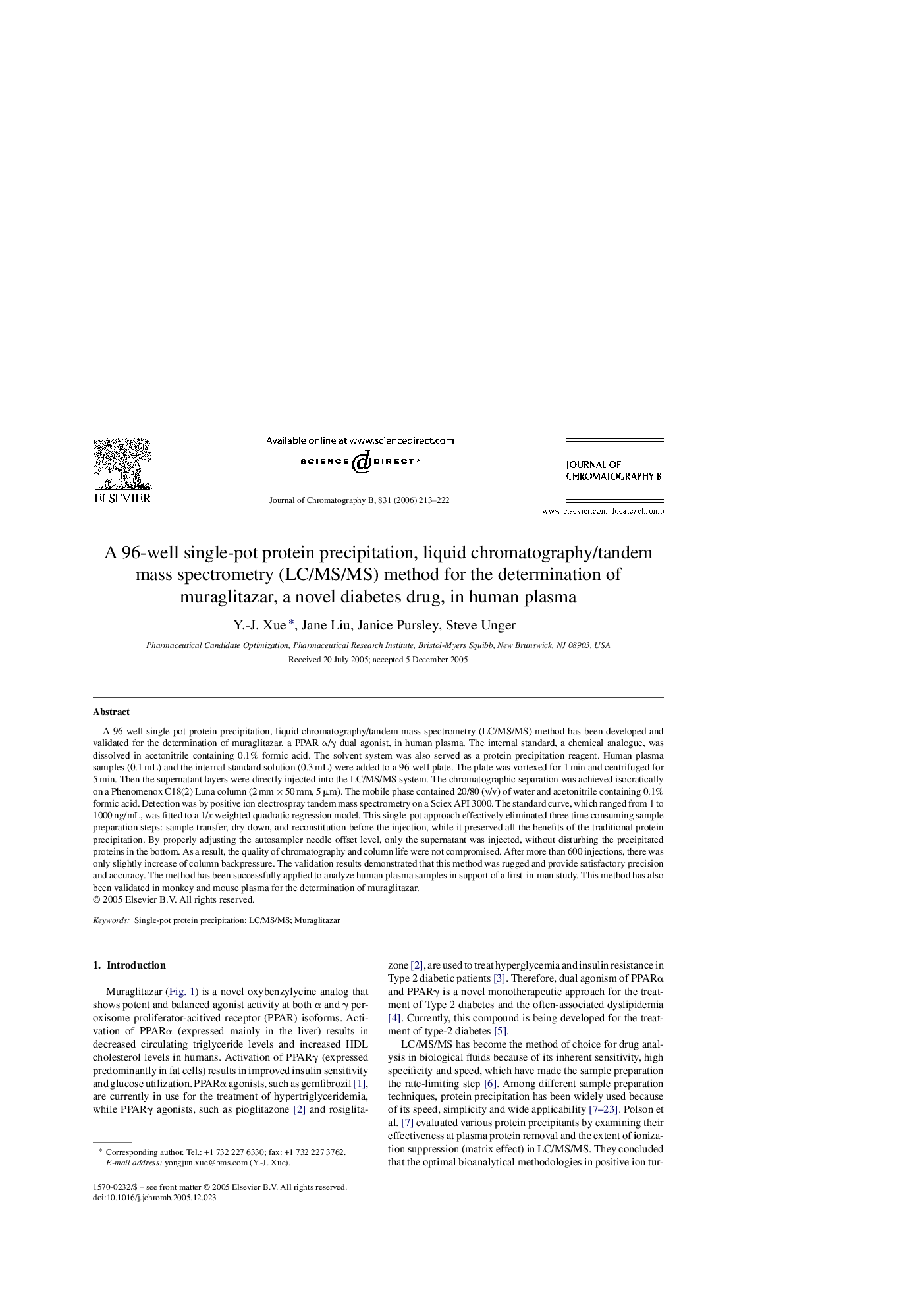 A 96-well single-pot protein precipitation, liquid chromatography/tandem mass spectrometry (LC/MS/MS) method for the determination of muraglitazar, a novel diabetes drug, in human plasma