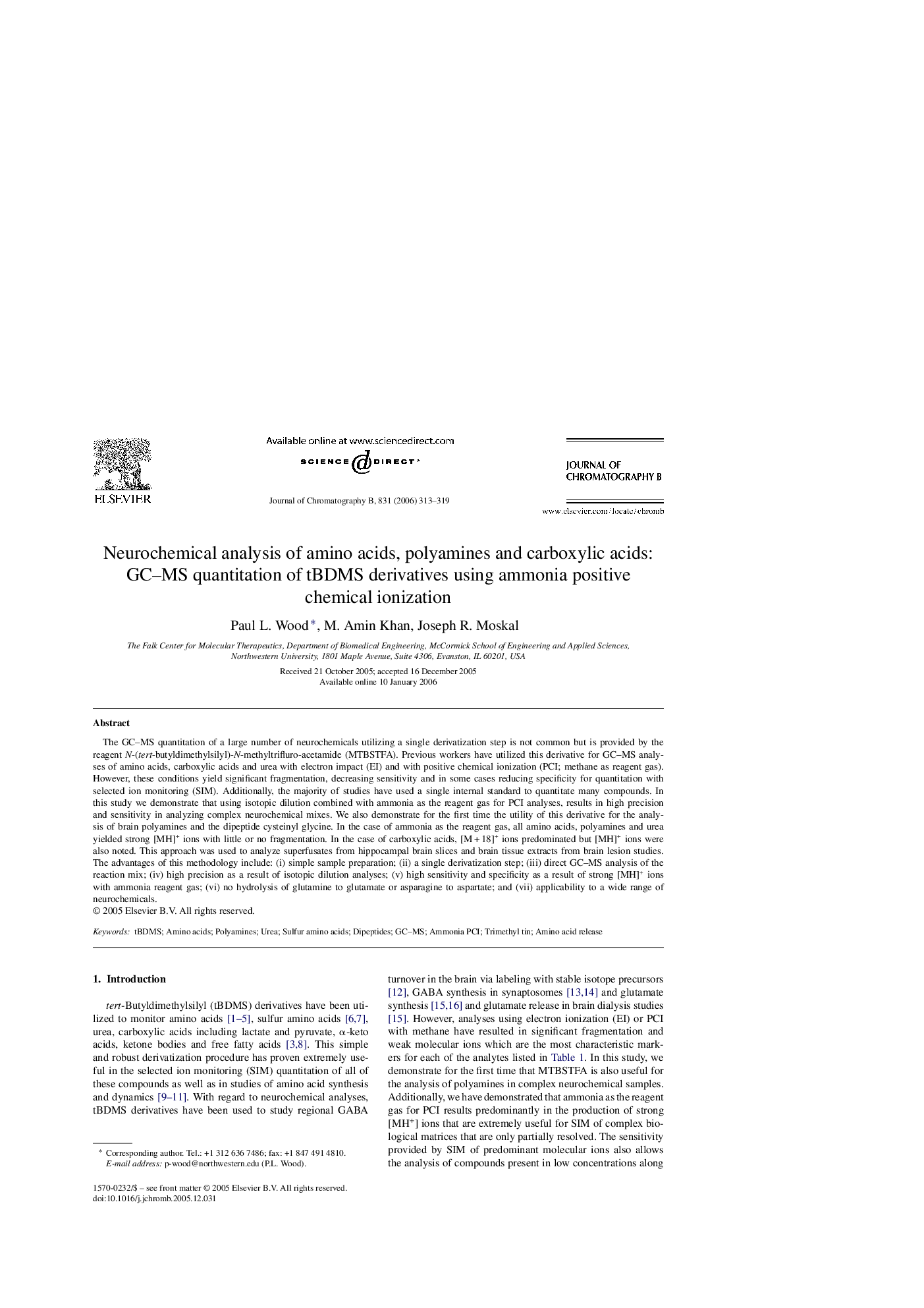 Neurochemical analysis of amino acids, polyamines and carboxylic acids: GC–MS quantitation of tBDMS derivatives using ammonia positive chemical ionization