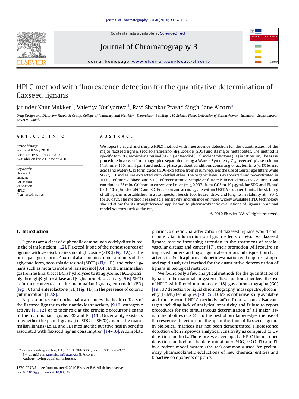 HPLC method with fluorescence detection for the quantitative determination of flaxseed lignans