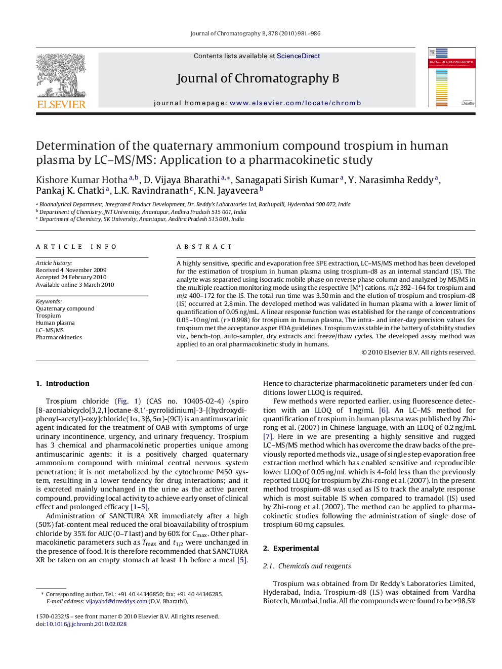 Determination of the quaternary ammonium compound trospium in human plasma by LC–MS/MS: Application to a pharmacokinetic study