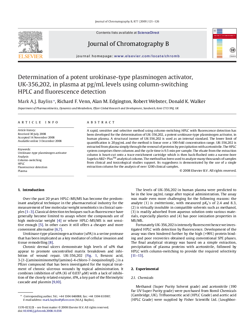 Determination of a potent urokinase-type plasminogen activator, UK-356,202, in plasma at pg/mL levels using column-switching HPLC and fluorescence detection