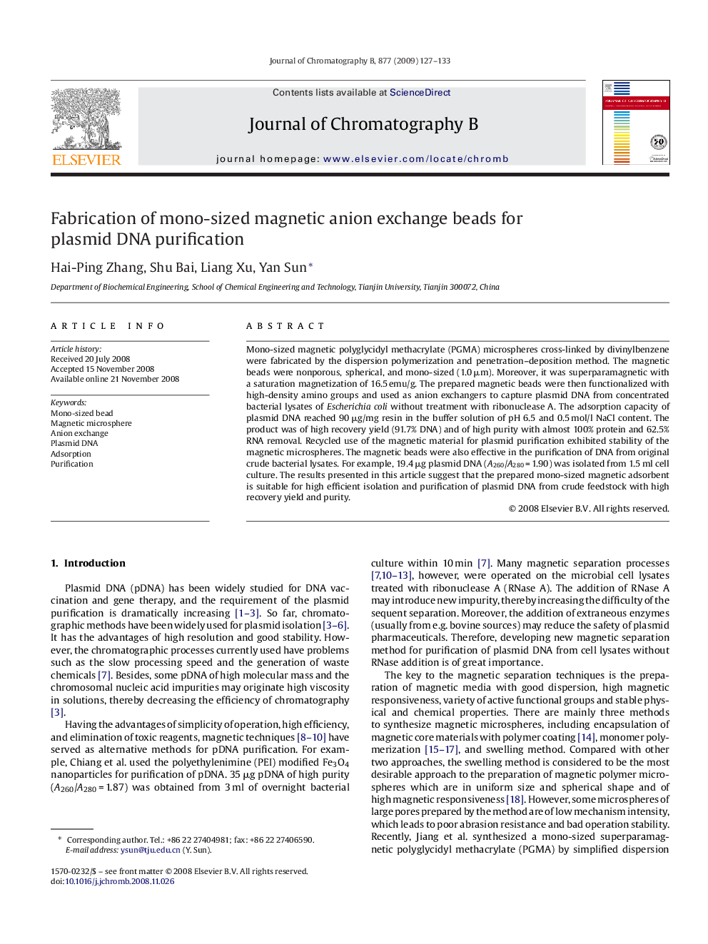 Fabrication of mono-sized magnetic anion exchange beads for plasmid DNA purification