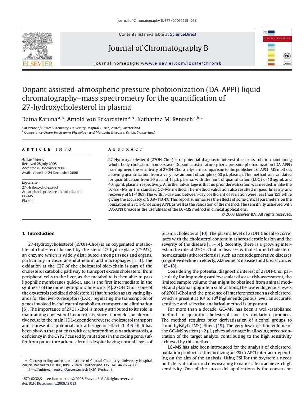 Dopant assisted-atmospheric pressure photoionization (DA-APPI) liquid chromatography–mass spectrometry for the quantification of 27-hydroxycholesterol in plasma