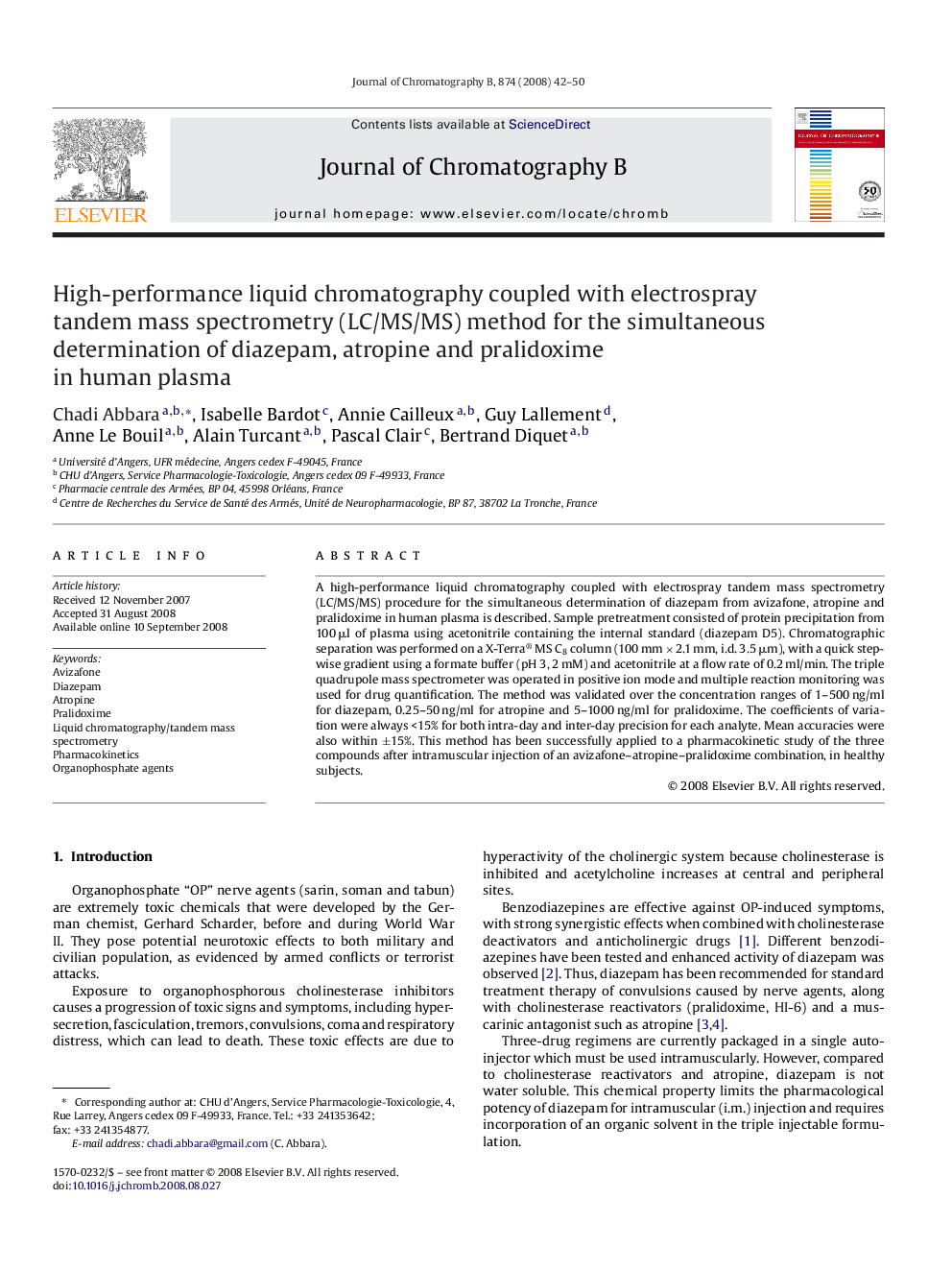 High-performance liquid chromatography coupled with electrospray tandem mass spectrometry (LC/MS/MS) method for the simultaneous determination of diazepam, atropine and pralidoxime in human plasma