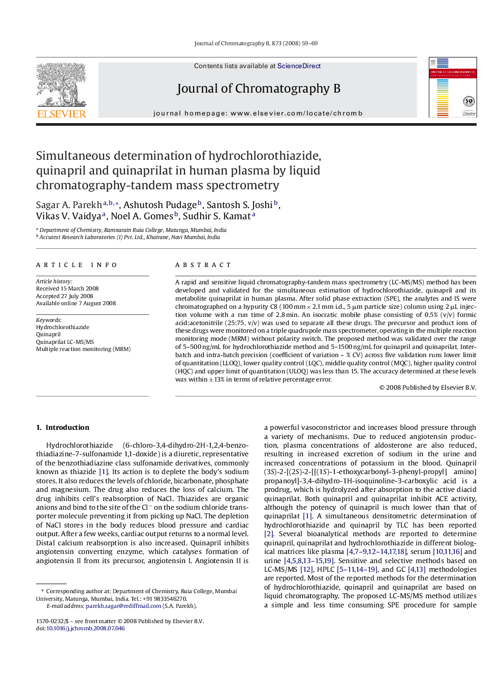 Simultaneous determination of hydrochlorothiazide, quinapril and quinaprilat in human plasma by liquid chromatography-tandem mass spectrometry