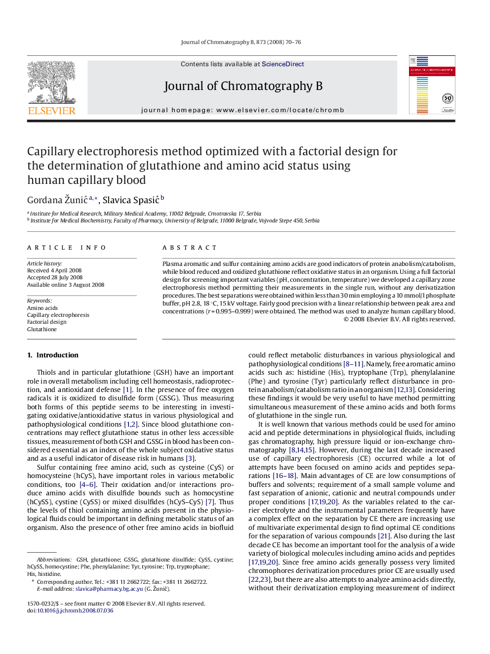 Capillary electrophoresis method optimized with a factorial design for the determination of glutathione and amino acid status using human capillary blood