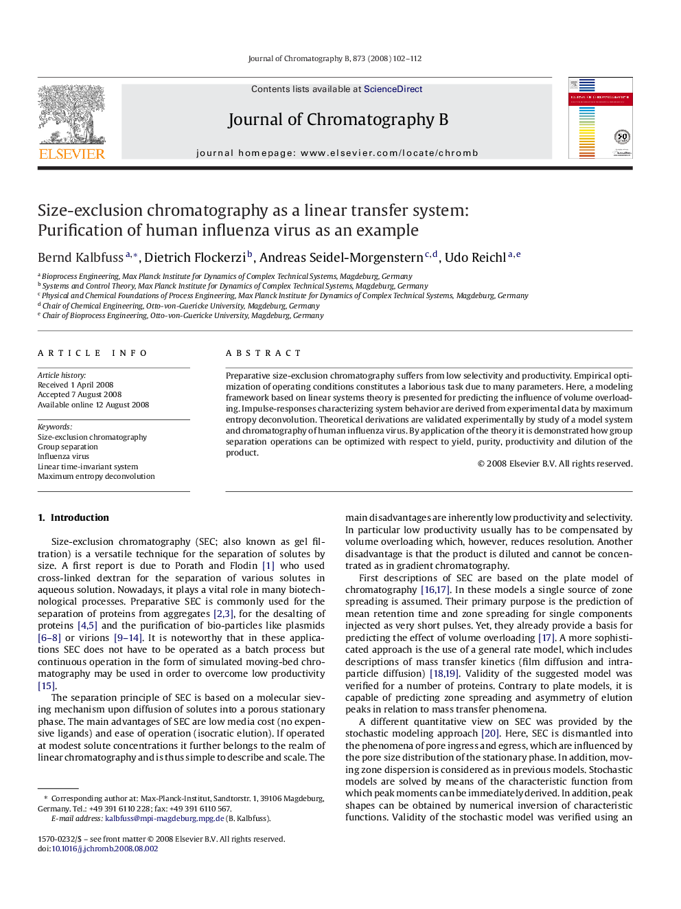 Size-exclusion chromatography as a linear transfer system: Purification of human influenza virus as an example