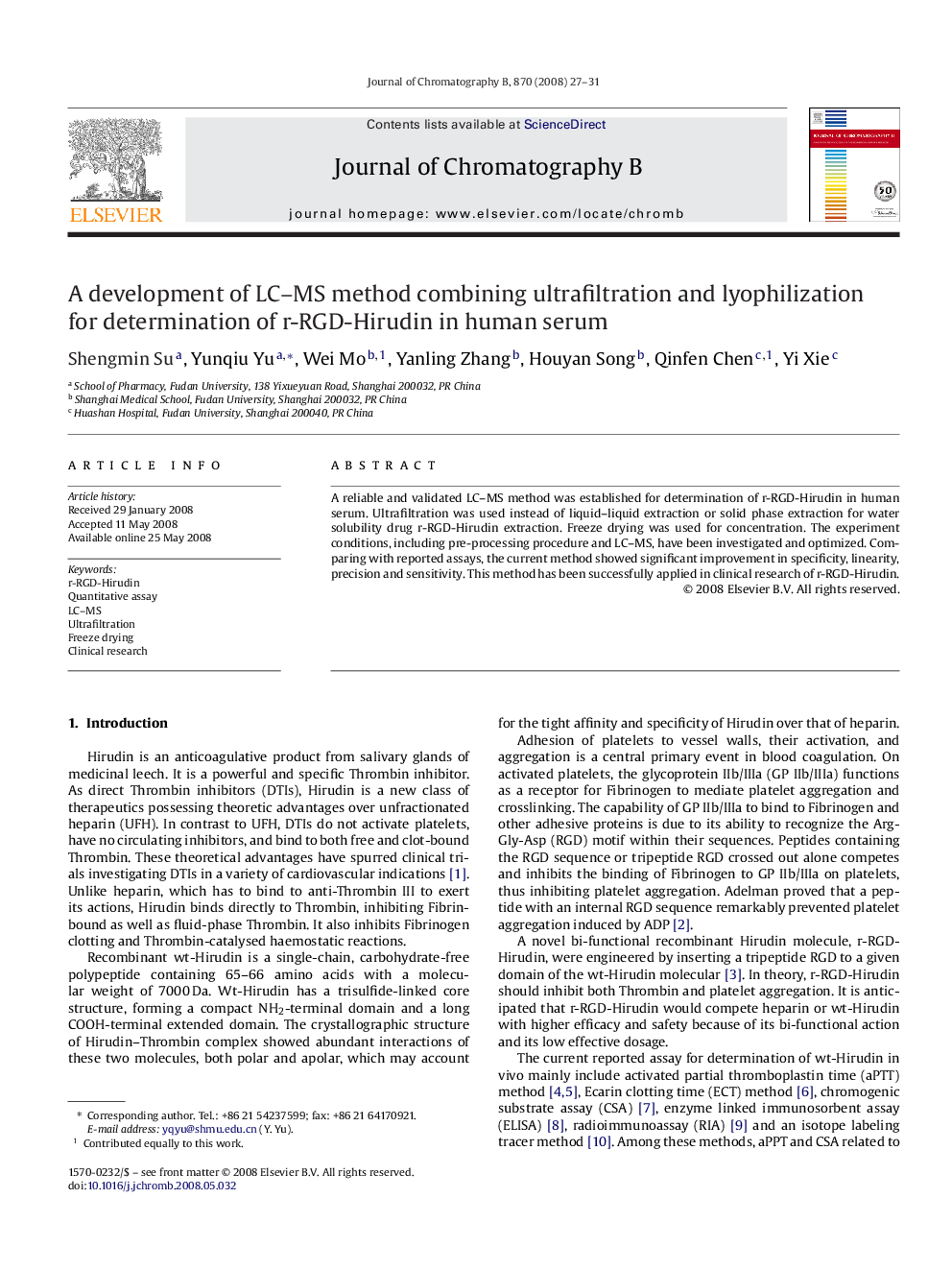 A development of LC–MS method combining ultrafiltration and lyophilization for determination of r-RGD-Hirudin in human serum