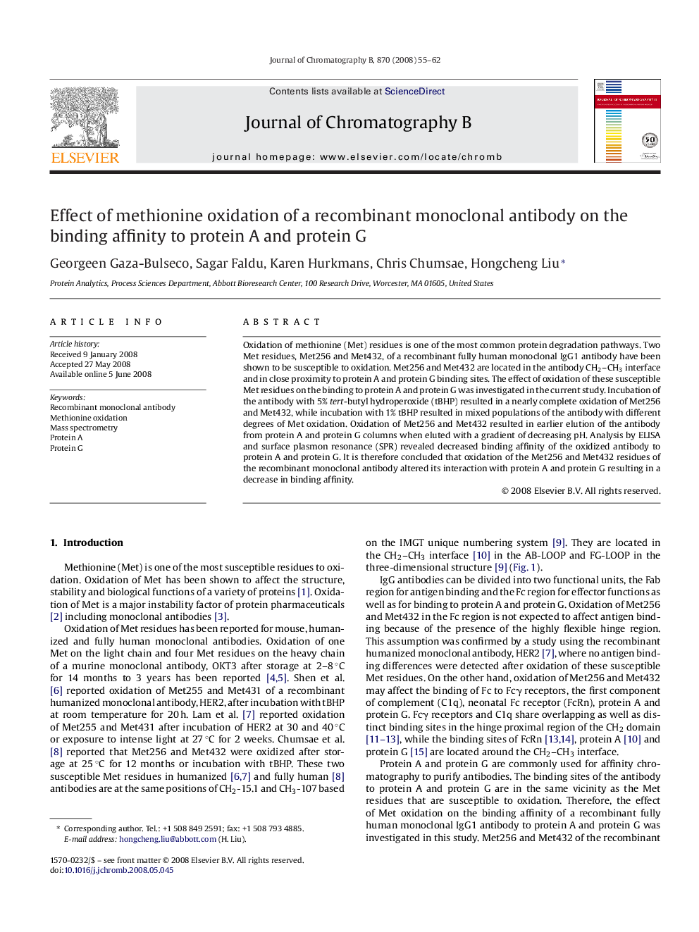 Effect of methionine oxidation of a recombinant monoclonal antibody on the binding affinity to protein A and protein G