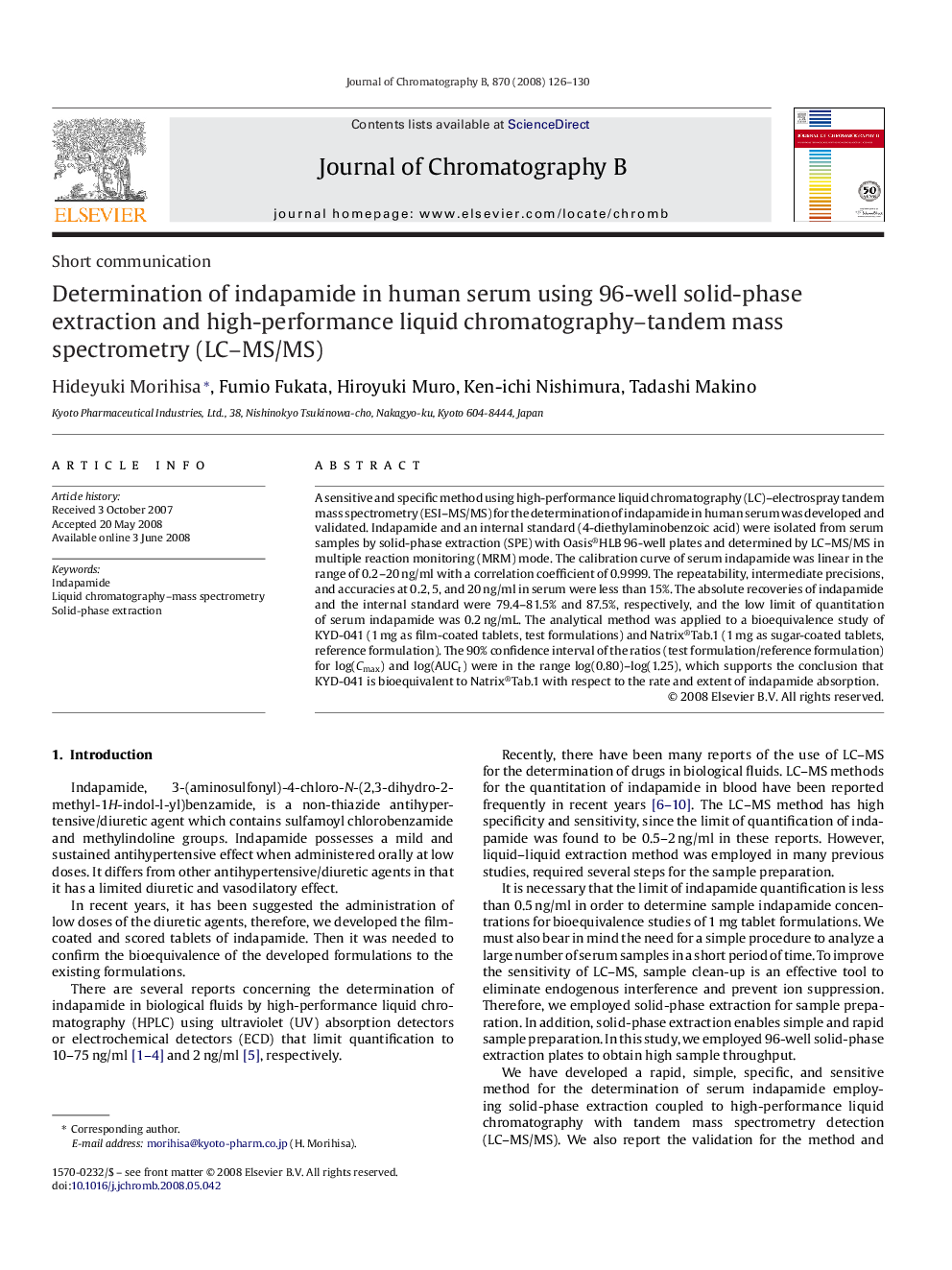 Determination of indapamide in human serum using 96-well solid-phase extraction and high-performance liquid chromatography–tandem mass spectrometry (LC–MS/MS)