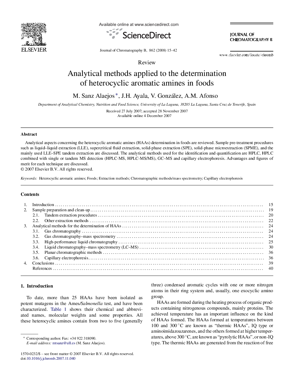 Analytical methods applied to the determination of heterocyclic aromatic amines in foods