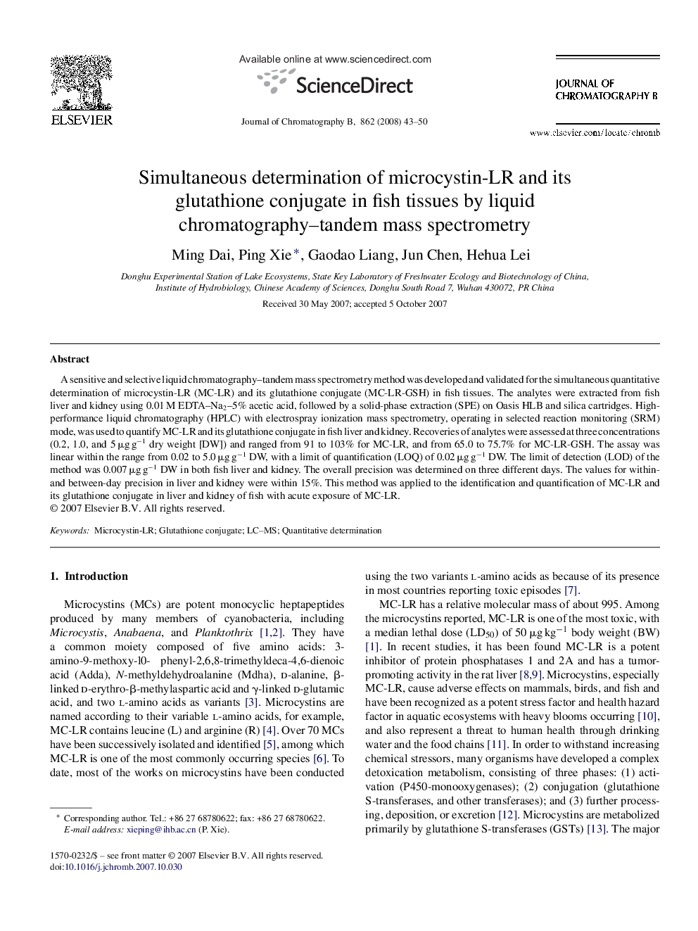 Simultaneous determination of microcystin-LR and its glutathione conjugate in fish tissues by liquid chromatography–tandem mass spectrometry