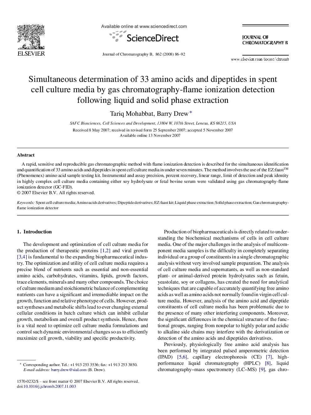 Simultaneous determination of 33 amino acids and dipeptides in spent cell culture media by gas chromatography-flame ionization detection following liquid and solid phase extraction