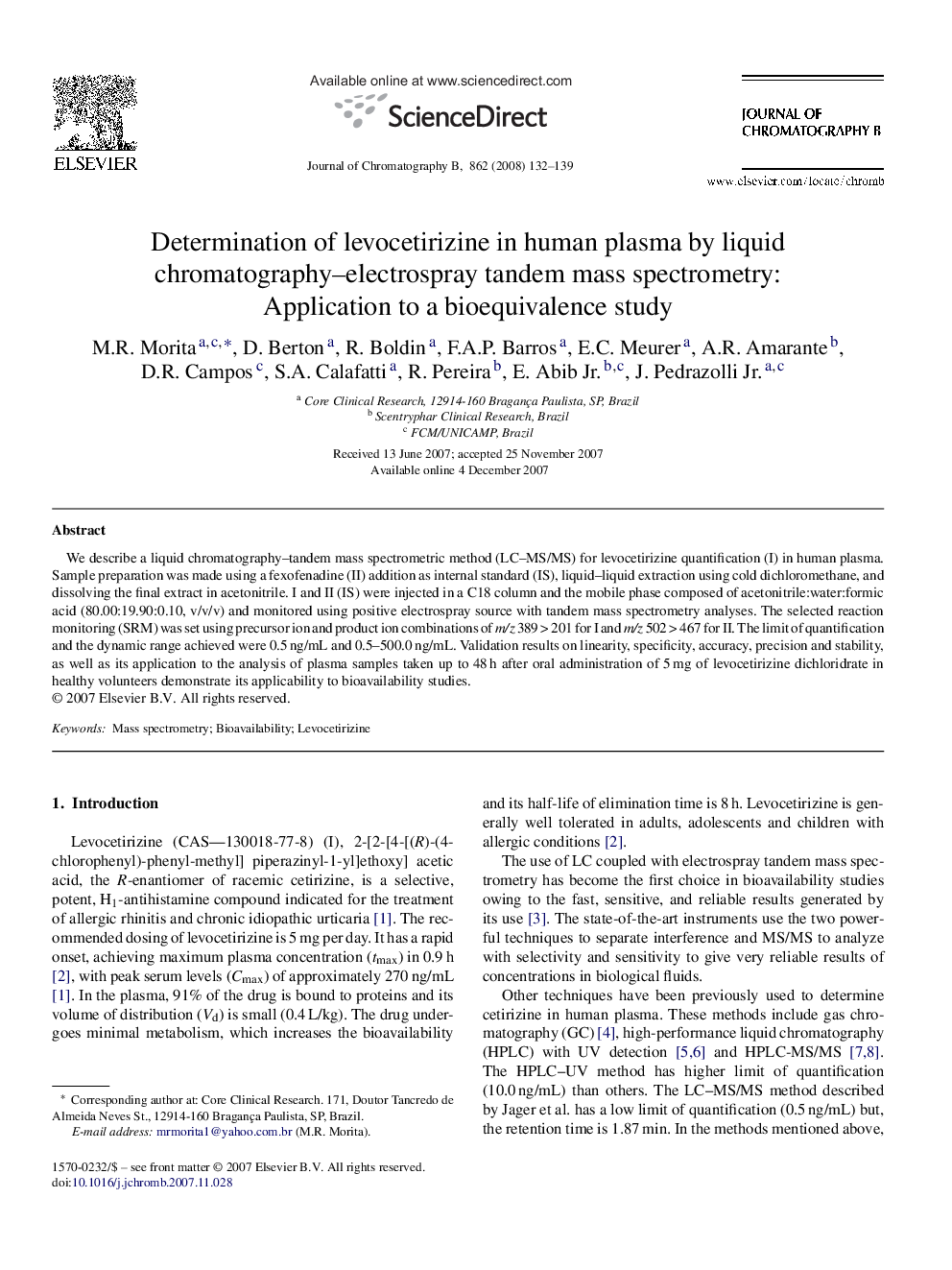 Determination of levocetirizine in human plasma by liquid chromatography–electrospray tandem mass spectrometry: Application to a bioequivalence study