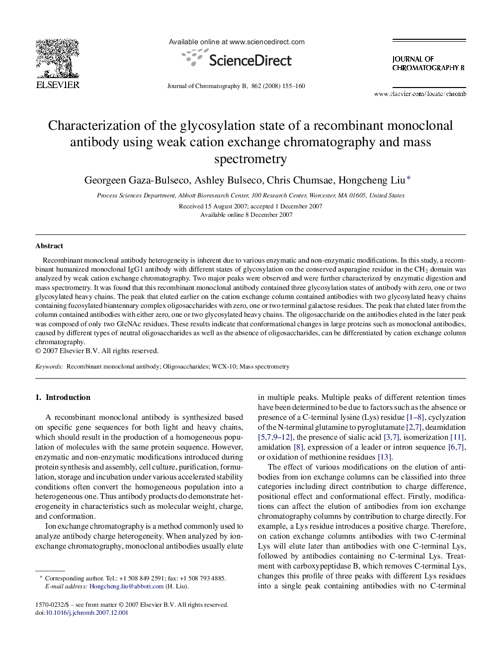 Characterization of the glycosylation state of a recombinant monoclonal antibody using weak cation exchange chromatography and mass spectrometry