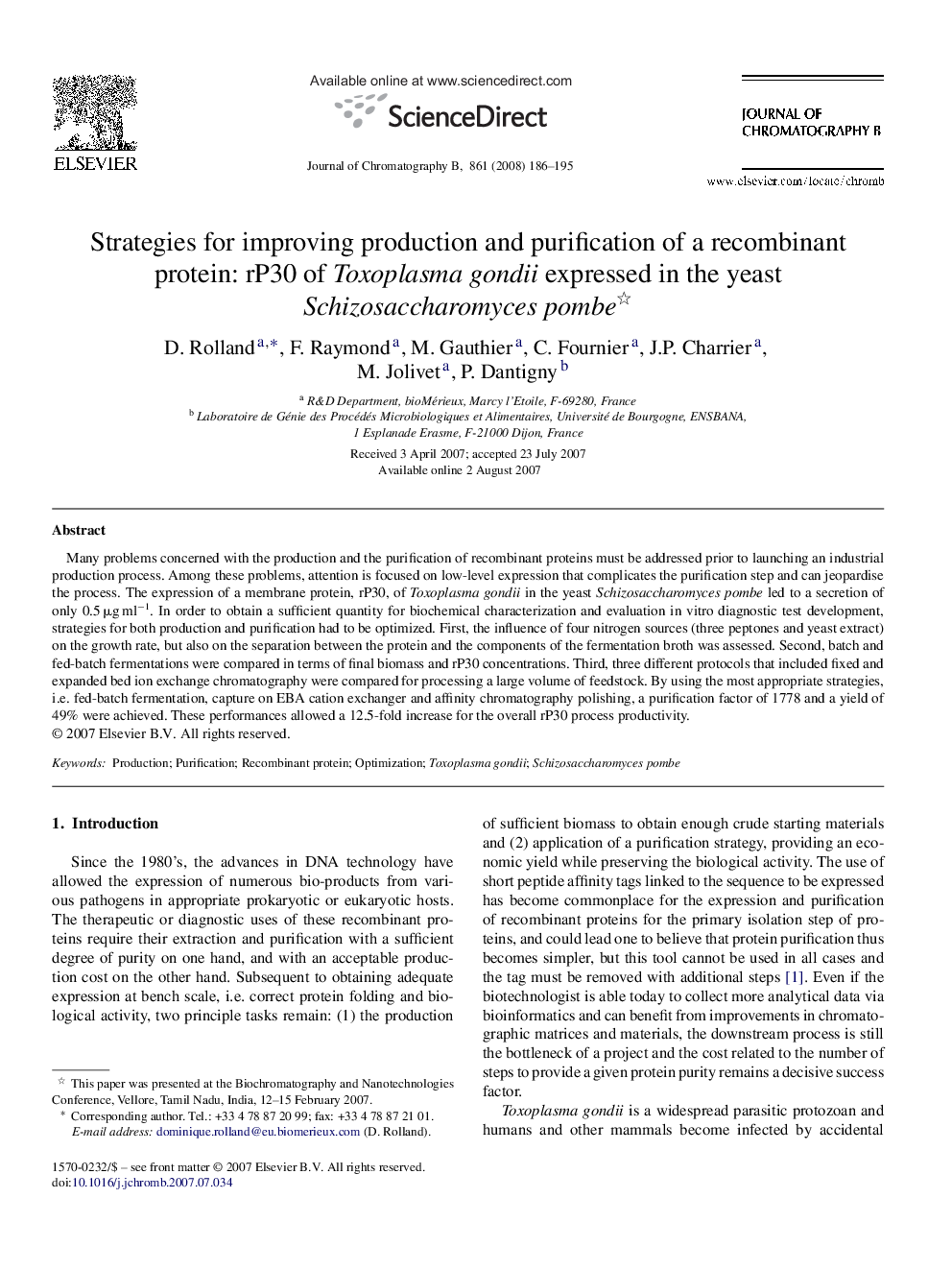 Strategies for improving production and purification of a recombinant protein: rP30 of Toxoplasma gondii expressed in the yeast Schizosaccharomyces pombe 
