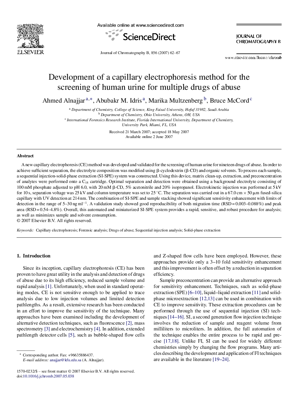 Development of a capillary electrophoresis method for the screening of human urine for multiple drugs of abuse