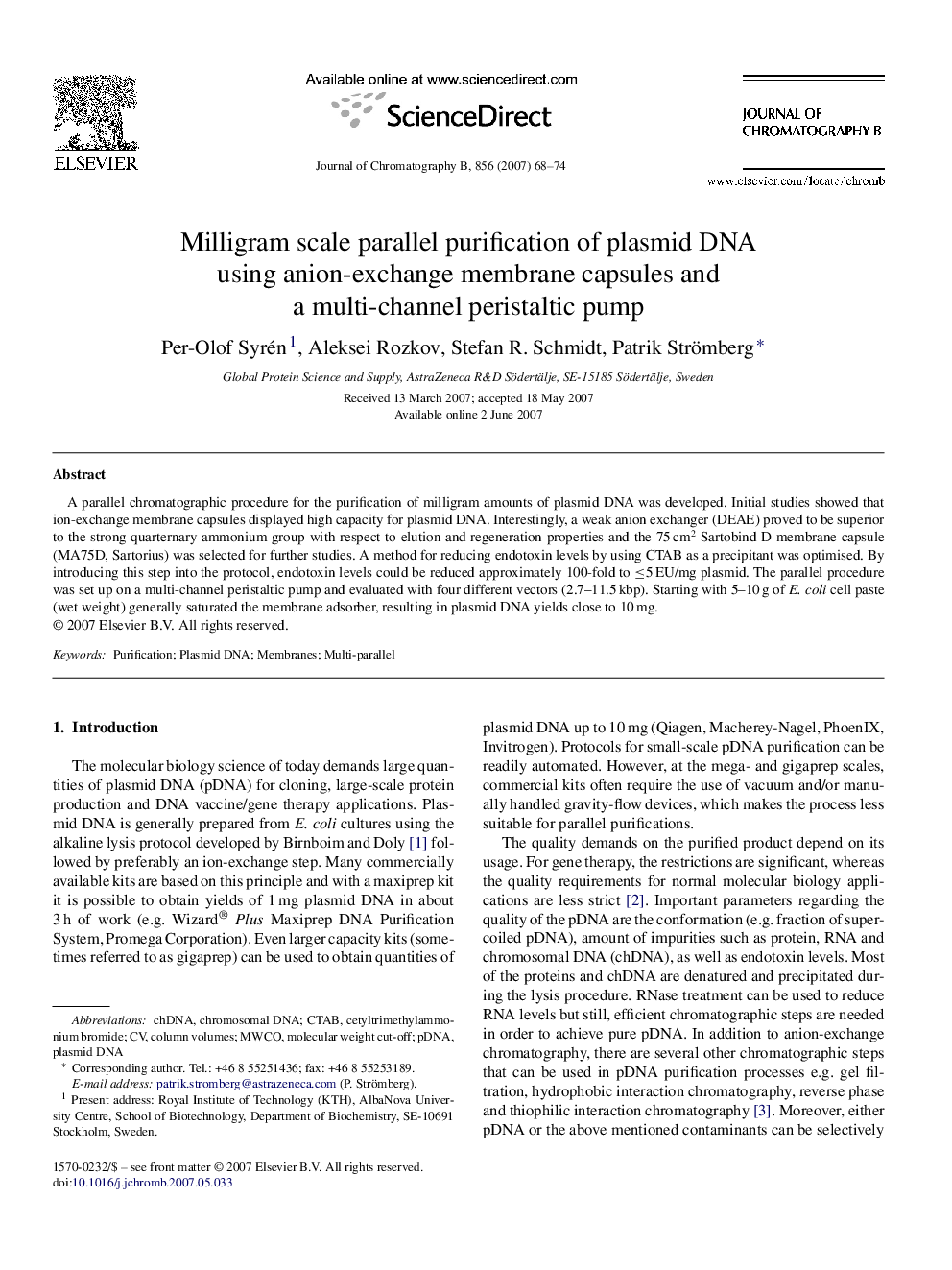 Milligram scale parallel purification of plasmid DNA using anion-exchange membrane capsules and a multi-channel peristaltic pump