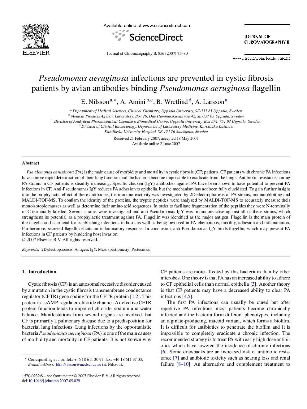 Pseudomonas aeruginosa infections are prevented in cystic fibrosis patients by avian antibodies binding Pseudomonas aeruginosa flagellin