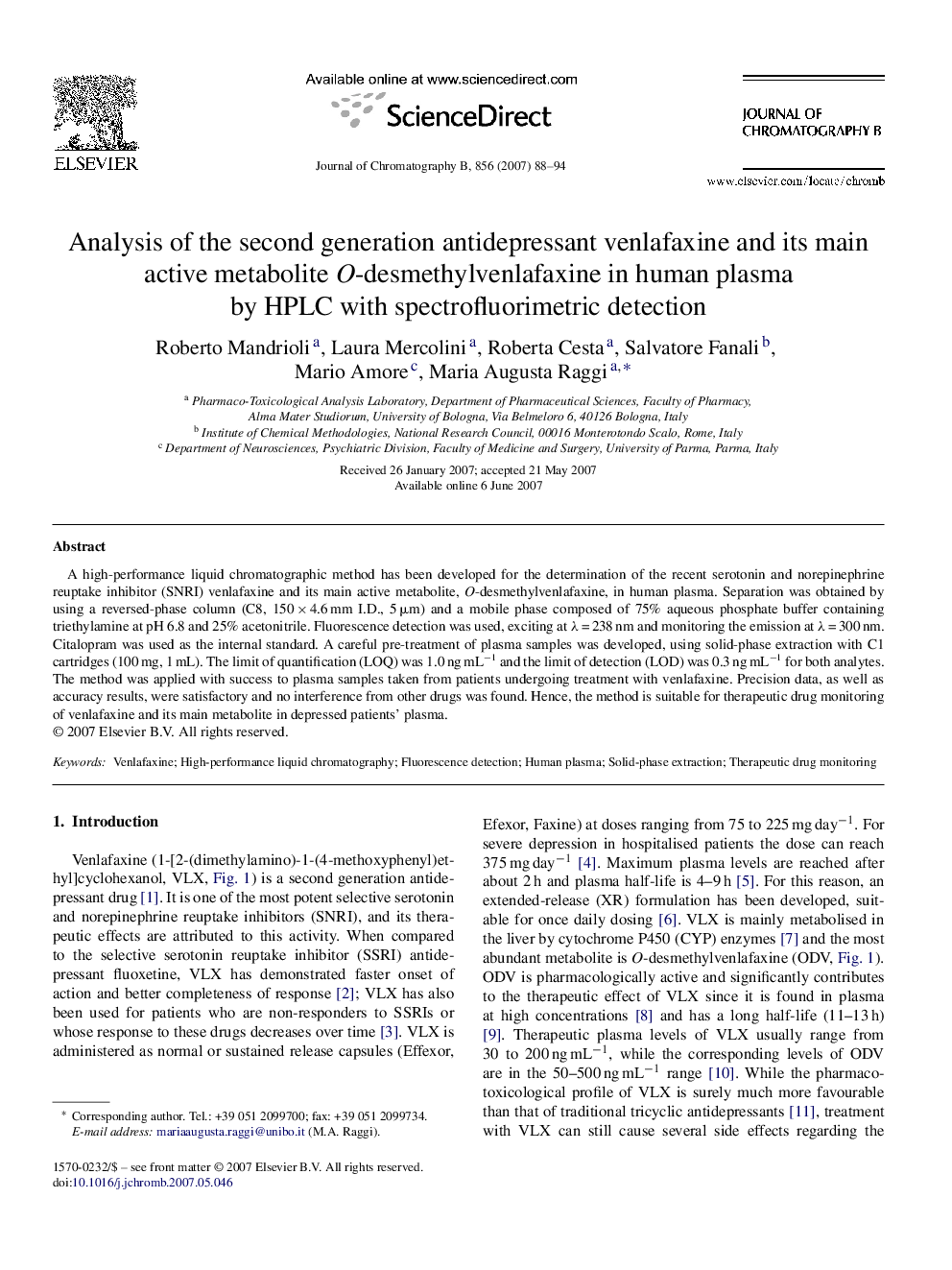 عکس صفحه اول مقاله: Analysis of the second generation antidepressant venlafaxine and its main active metabolite O-desmethylvenlafaxine in human plasma by HPLC with spectrofluorimetric detection Analysis of the second generation antidepressant venlafaxine and its main active metabolite O-desmethylvenlafaxine in human plasma by HPLC with spectrofluorimetric detection