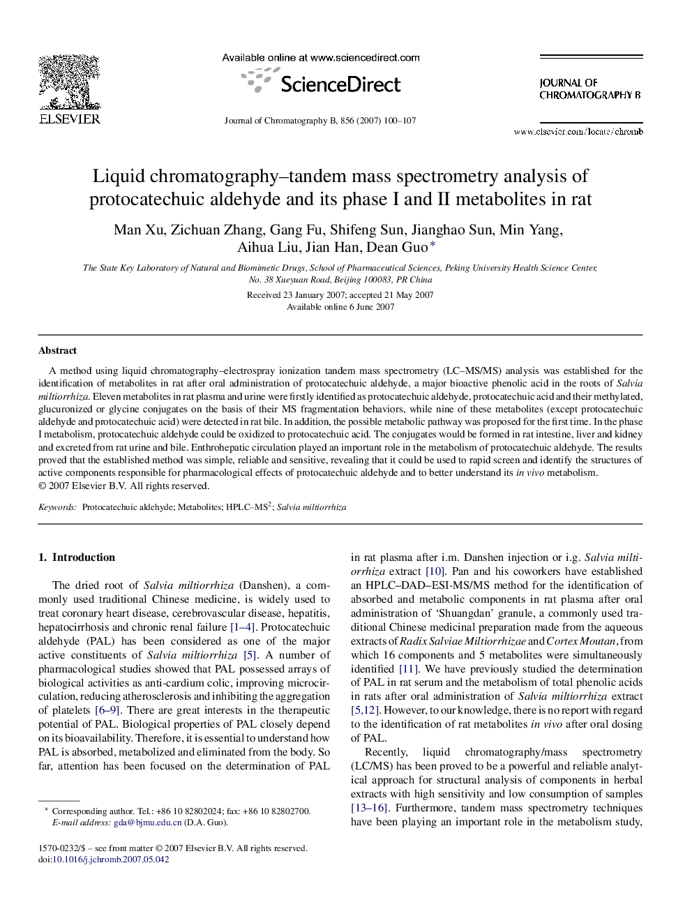 Liquid chromatography–tandem mass spectrometry analysis of protocatechuic aldehyde and its phase I and II metabolites in rat