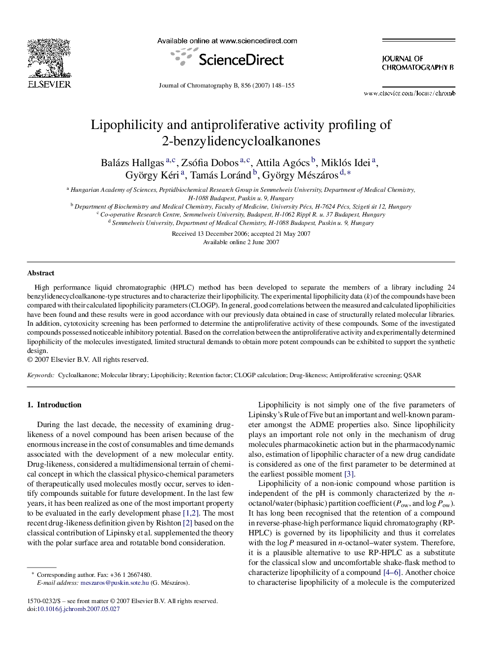 Lipophilicity and antiproliferative activity profiling of 2-benzylidencycloalkanones