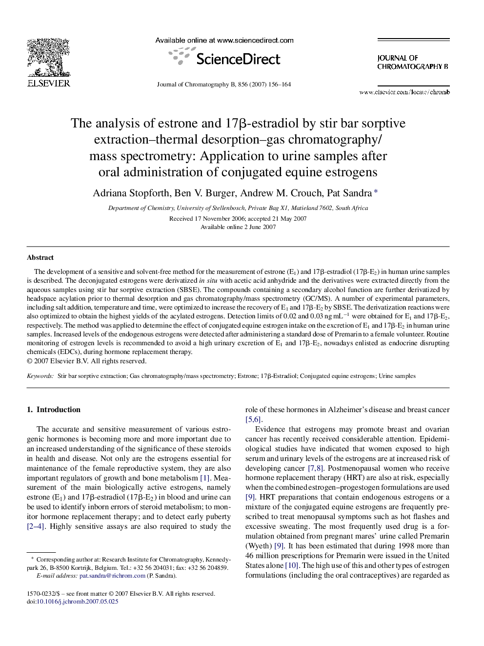 The analysis of estrone and 17β-estradiol by stir bar sorptive extraction–thermal desorption–gas chromatography/mass spectrometry: Application to urine samples after oral administration of conjugated equine estrogens