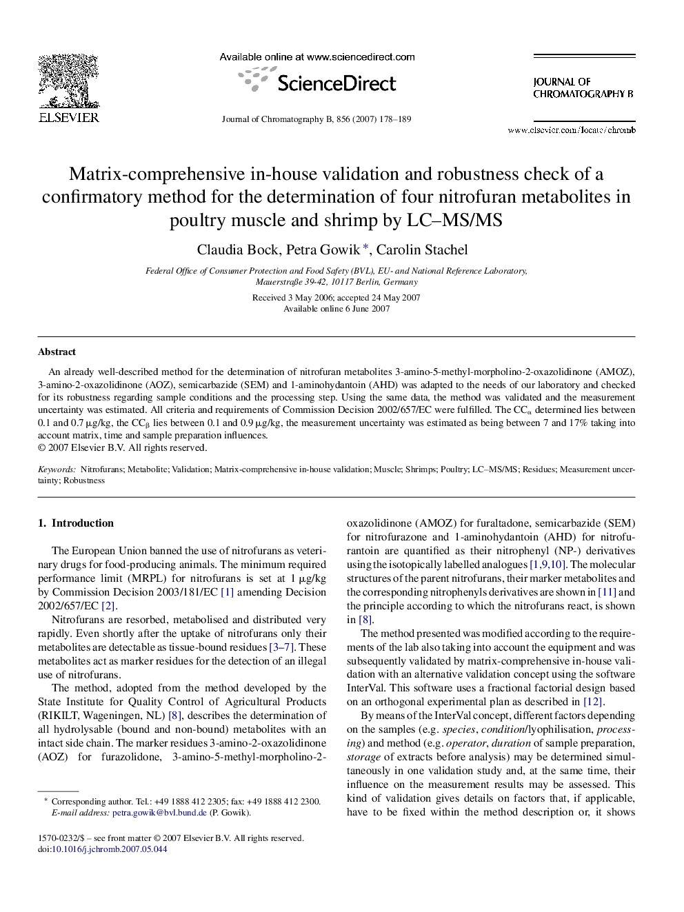 Matrix-comprehensive in-house validation and robustness check of a confirmatory method for the determination of four nitrofuran metabolites in poultry muscle and shrimp by LC–MS/MS