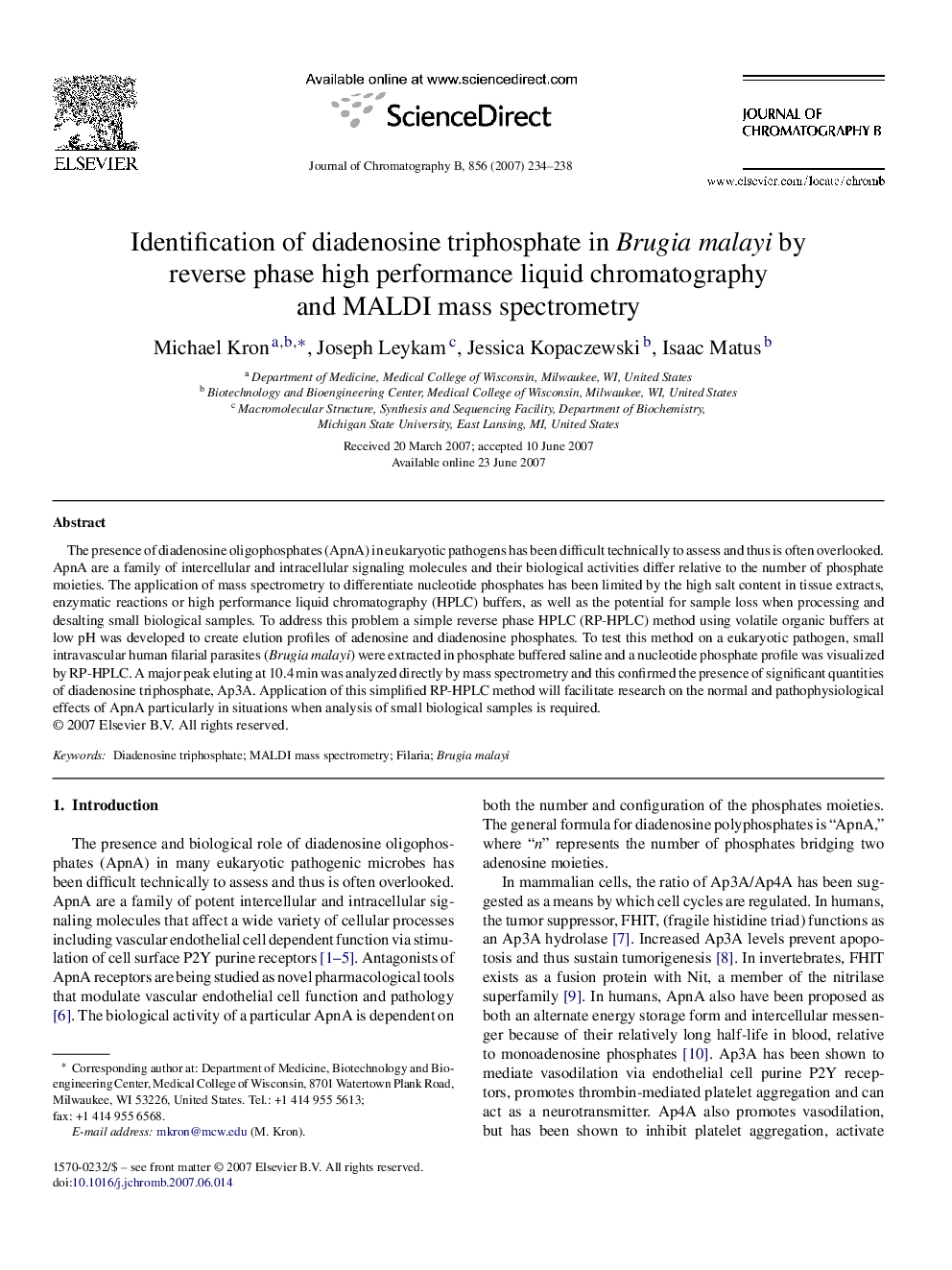 Identification of diadenosine triphosphate in Brugia malayi by reverse phase high performance liquid chromatography and MALDI mass spectrometry