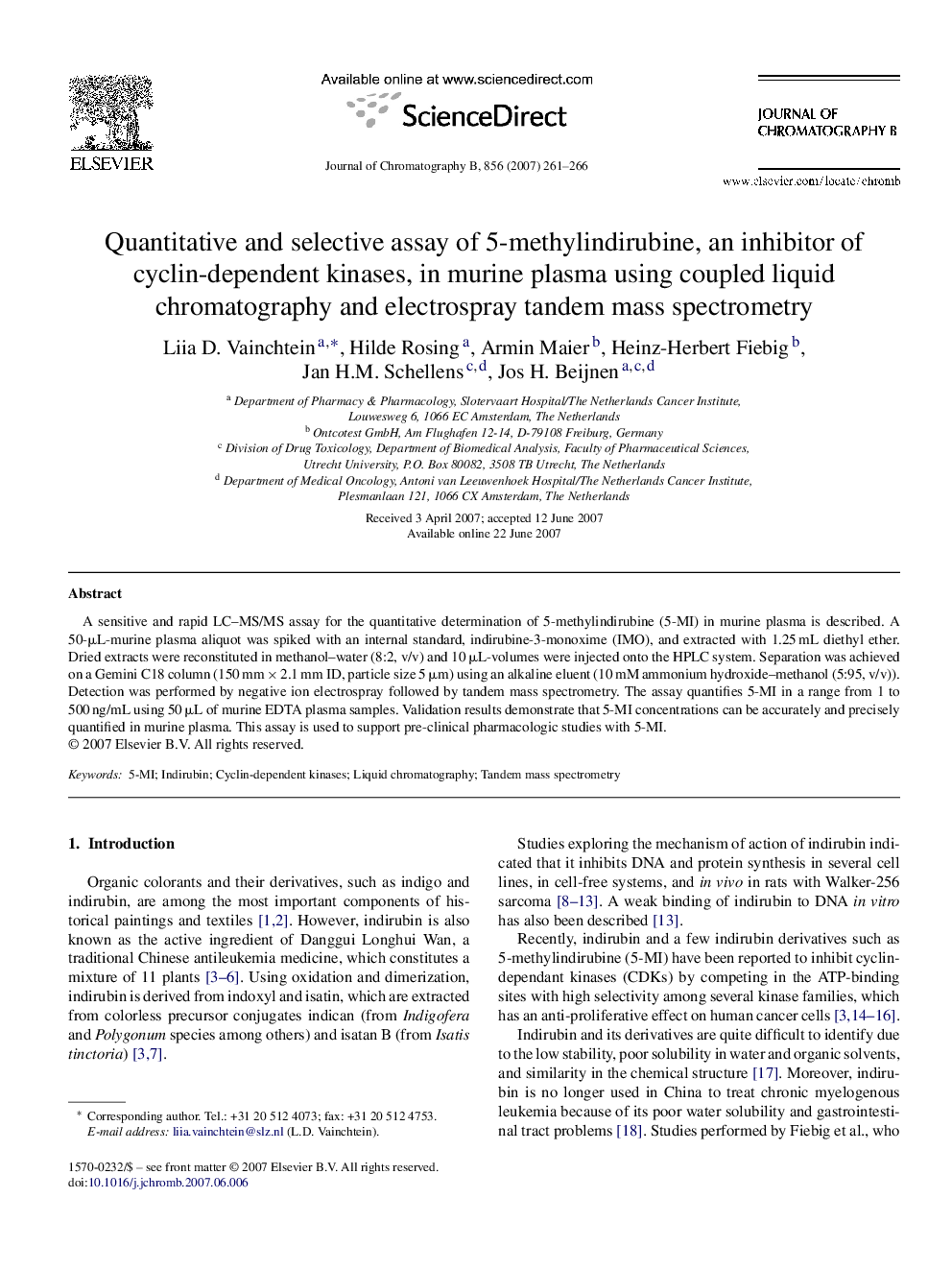 Quantitative and selective assay of 5-methylindirubine, an inhibitor of cyclin-dependent kinases, in murine plasma using coupled liquid chromatography and electrospray tandem mass spectrometry