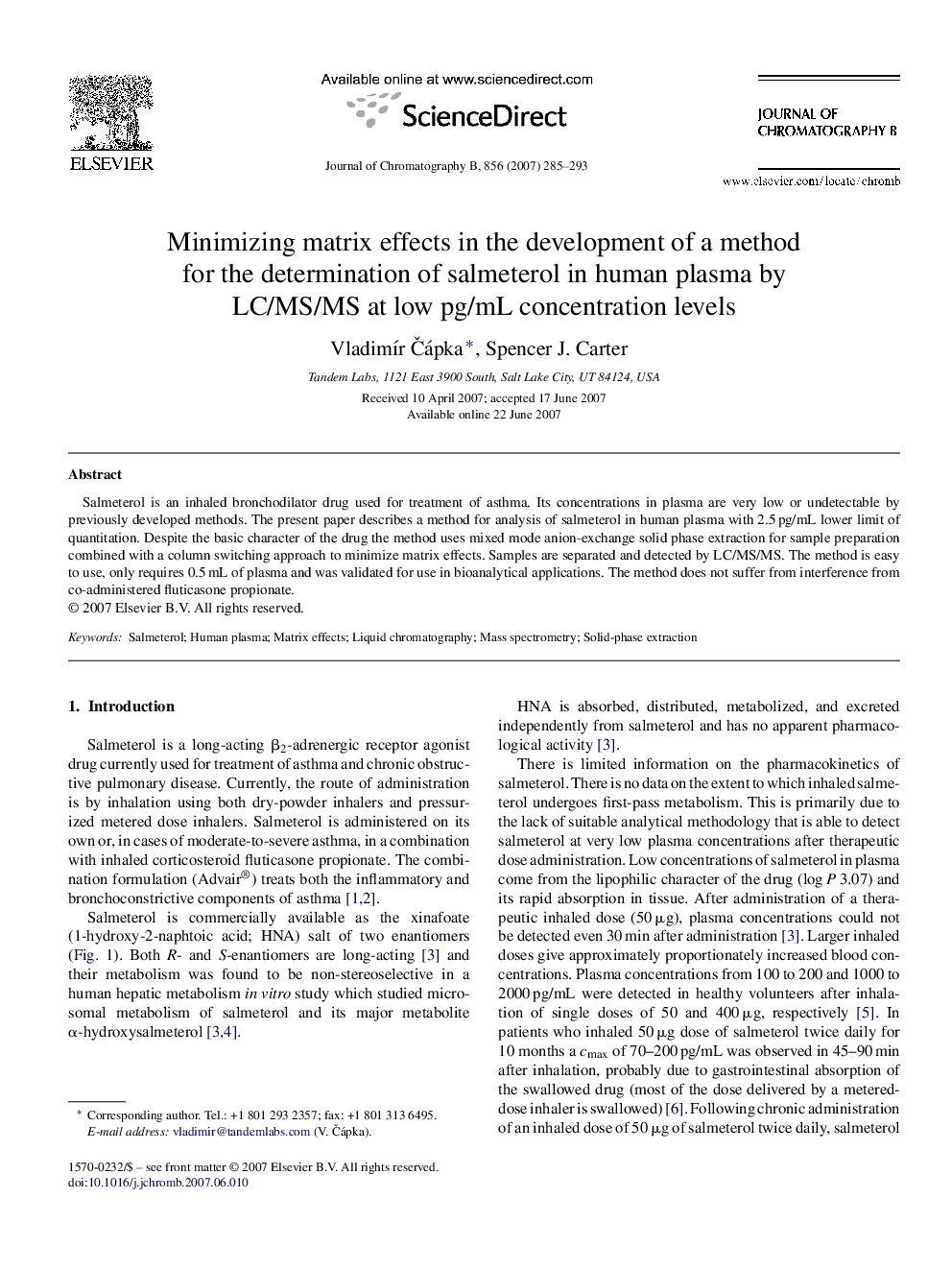 Minimizing matrix effects in the development of a method for the determination of salmeterol in human plasma by LC/MS/MS at low pg/mL concentration levels