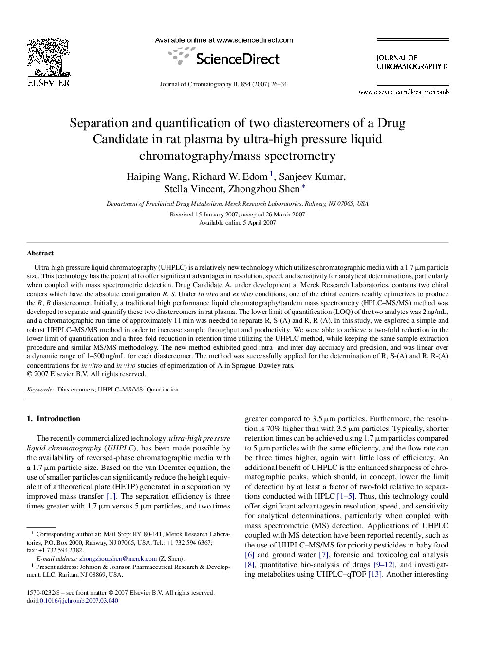 Separation and quantification of two diastereomers of a Drug Candidate in rat plasma by ultra-high pressure liquid chromatography/mass spectrometry