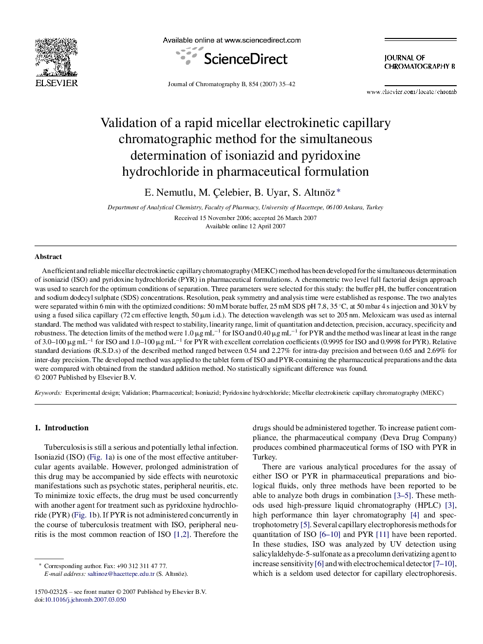 Validation of a rapid micellar electrokinetic capillary chromatographic method for the simultaneous determination of isoniazid and pyridoxine hydrochloride in pharmaceutical formulation