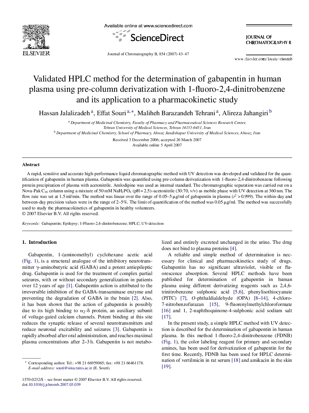 Validated HPLC method for the determination of gabapentin in human plasma using pre-column derivatization with 1-fluoro-2,4-dinitrobenzene and its application to a pharmacokinetic study