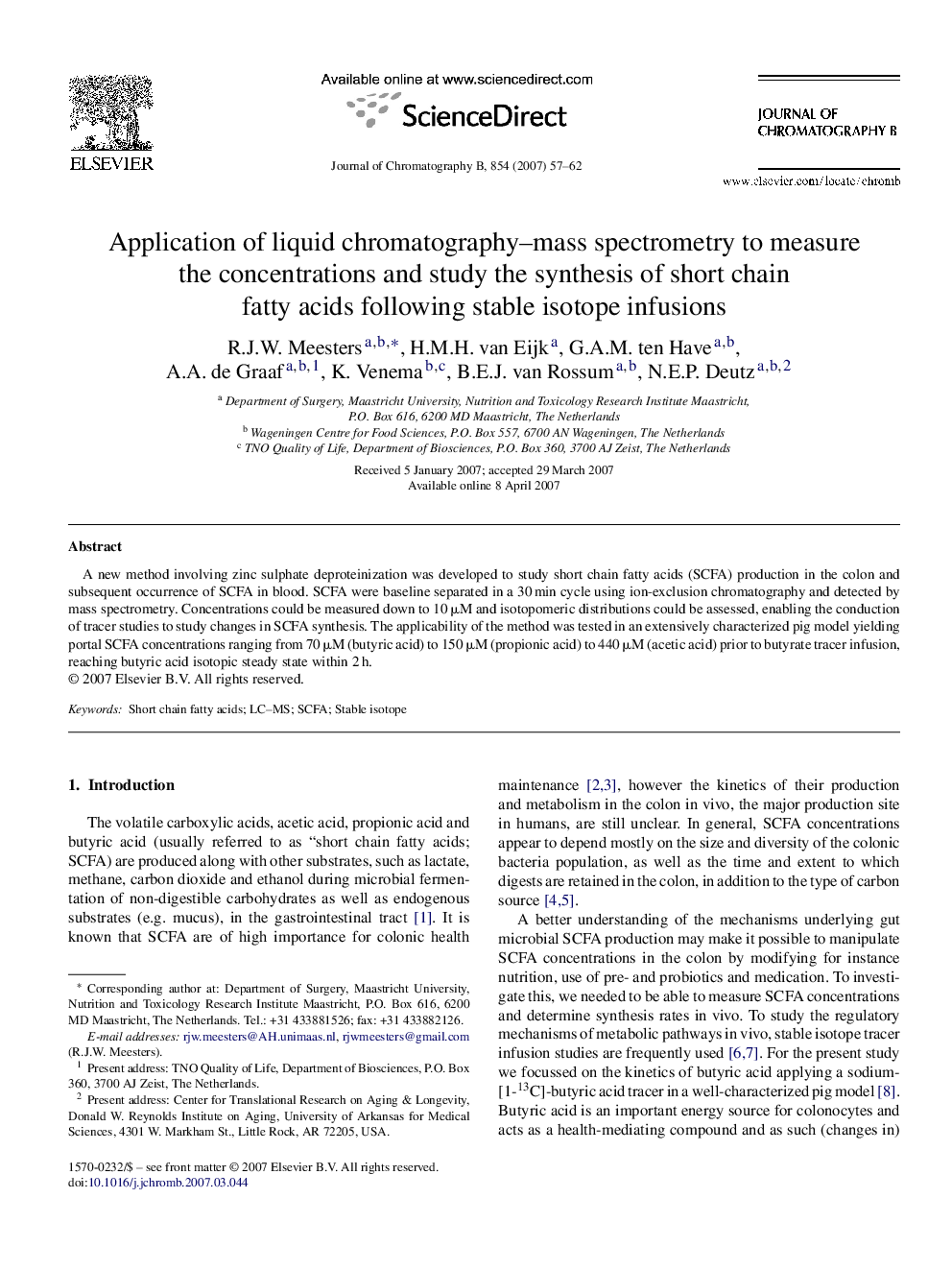 Application of liquid chromatography–mass spectrometry to measure the concentrations and study the synthesis of short chain fatty acids following stable isotope infusions