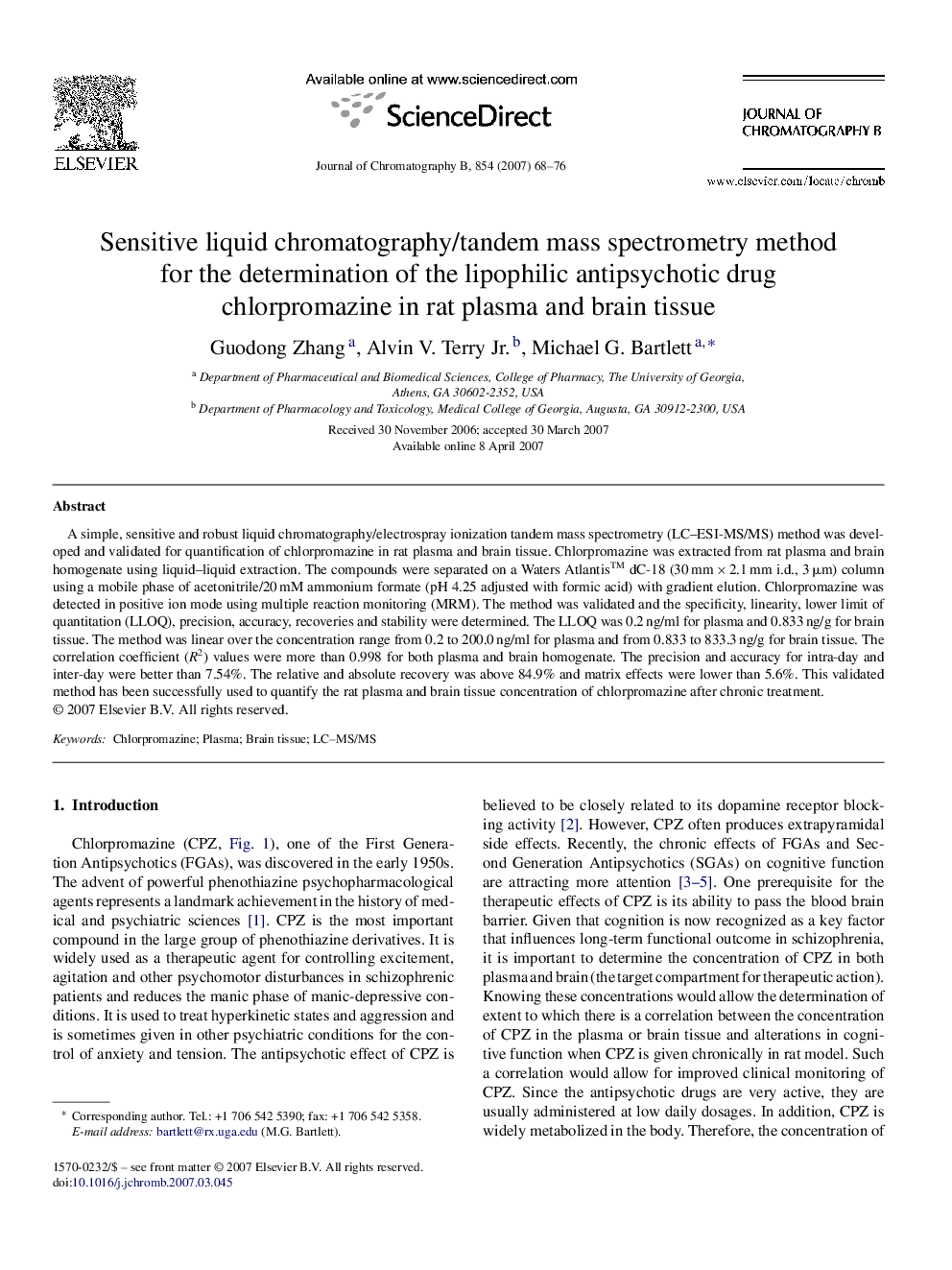 Sensitive liquid chromatography/tandem mass spectrometry method for the determination of the lipophilic antipsychotic drug chlorpromazine in rat plasma and brain tissue