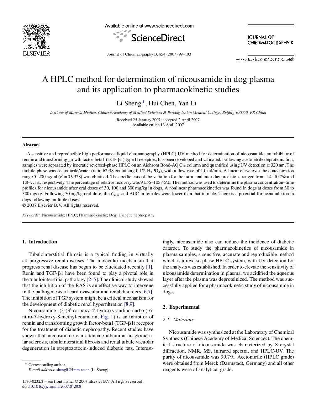 A HPLC method for determination of nicousamide in dog plasma and its application to pharmacokinetic studies