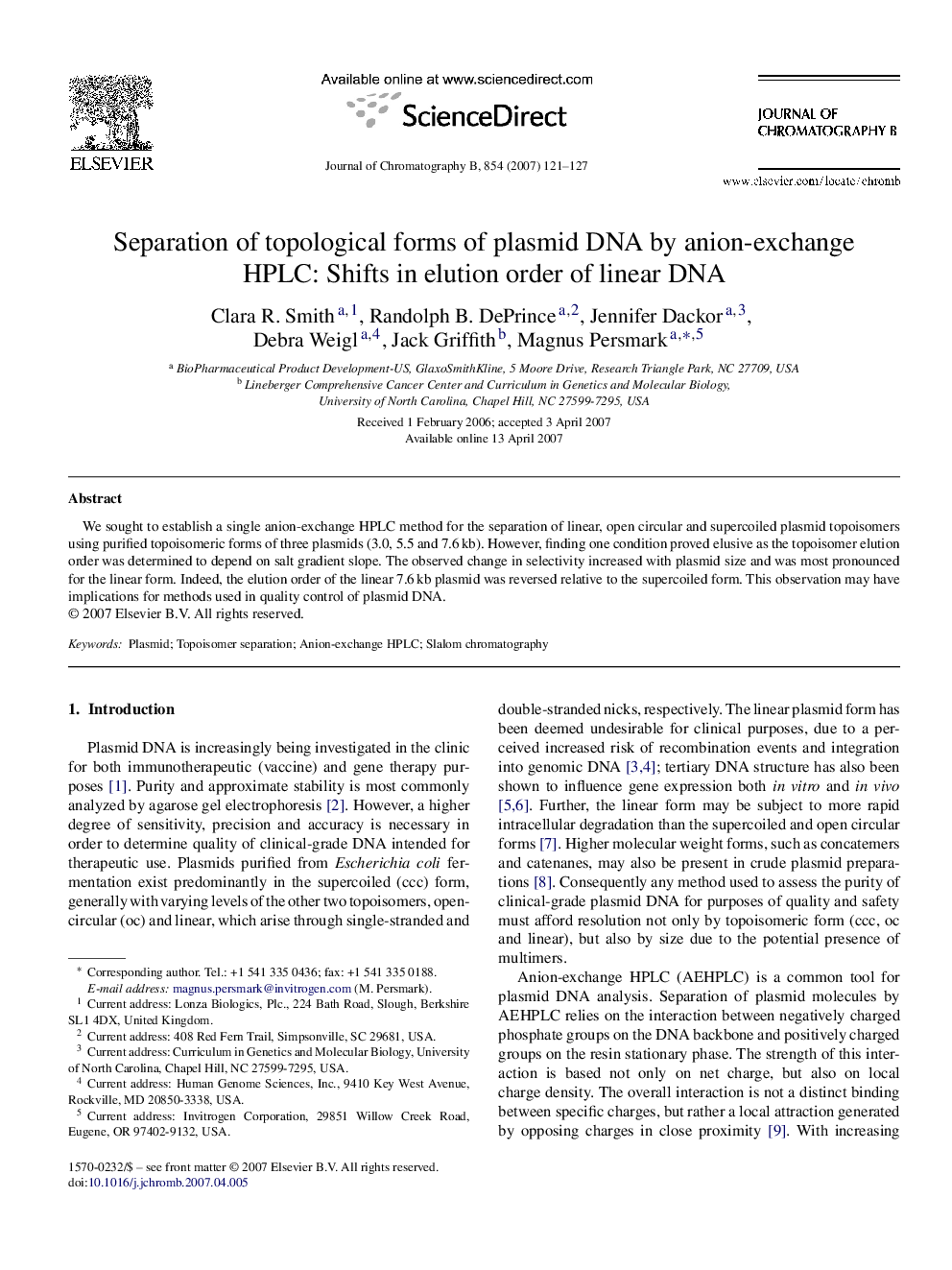 Separation of topological forms of plasmid DNA by anion-exchange HPLC: Shifts in elution order of linear DNA