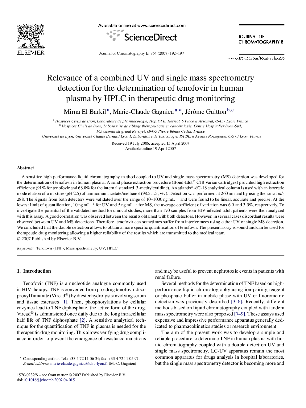 Relevance of a combined UV and single mass spectrometry detection for the determination of tenofovir in human plasma by HPLC in therapeutic drug monitoring