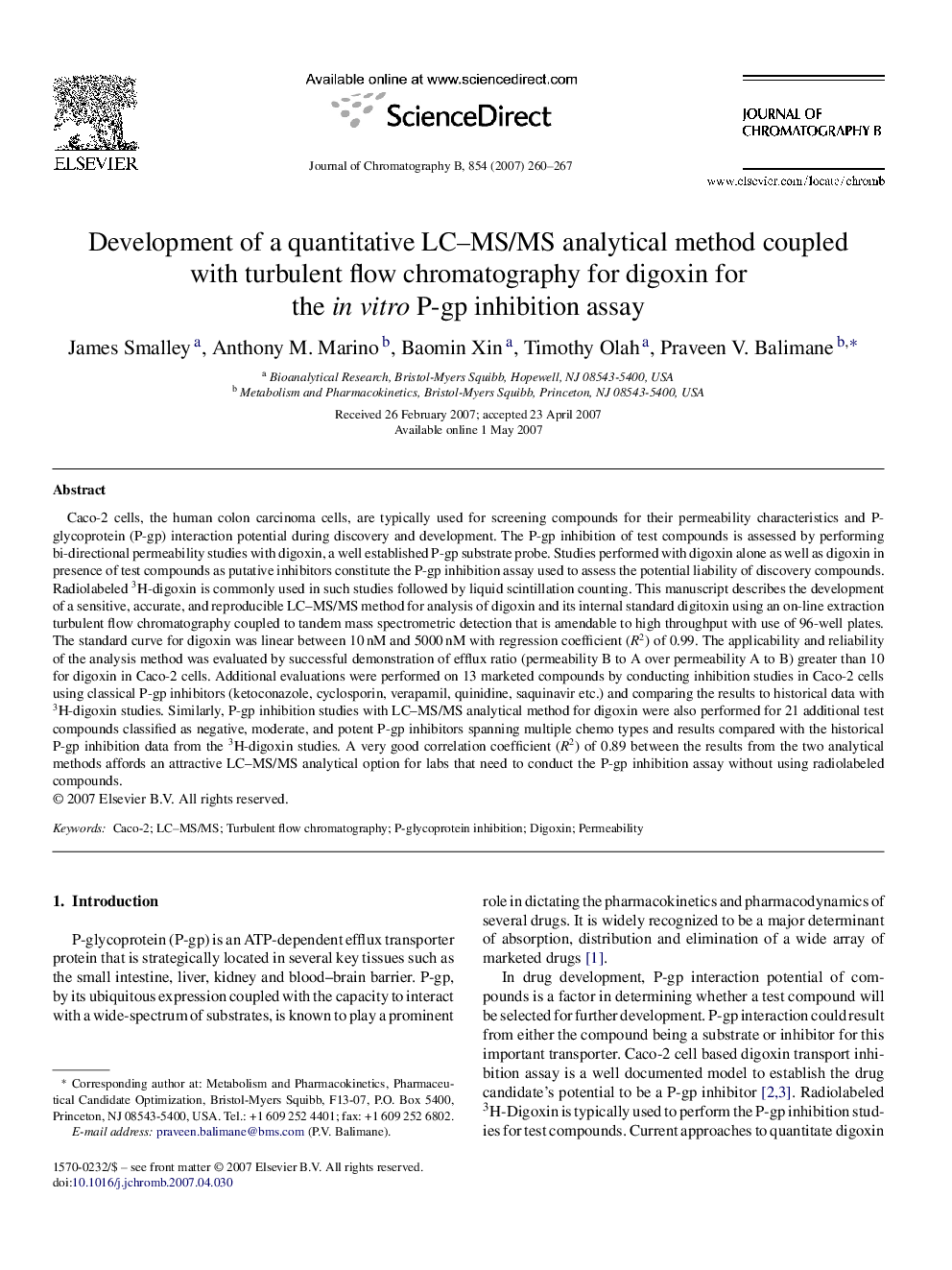 Development of a quantitative LC–MS/MS analytical method coupled with turbulent flow chromatography for digoxin for the in vitro P-gp inhibition assay