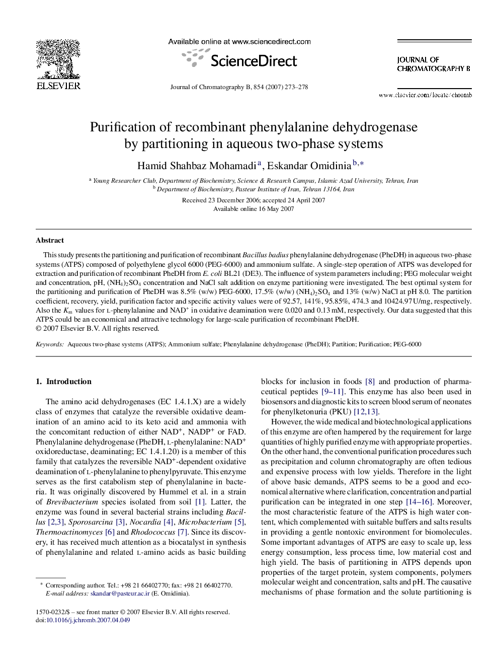 Purification of recombinant phenylalanine dehydrogenase by partitioning in aqueous two-phase systems