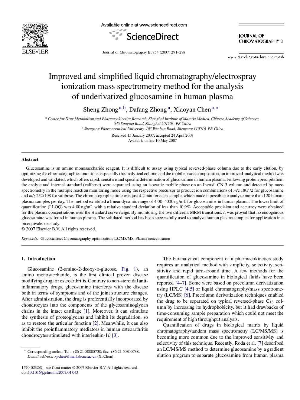 Improved and simplified liquid chromatography/electrospray ionization mass spectrometry method for the analysis of underivatized glucosamine in human plasma
