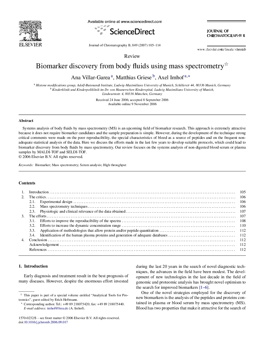 Biomarker discovery from body fluids using mass spectrometry 