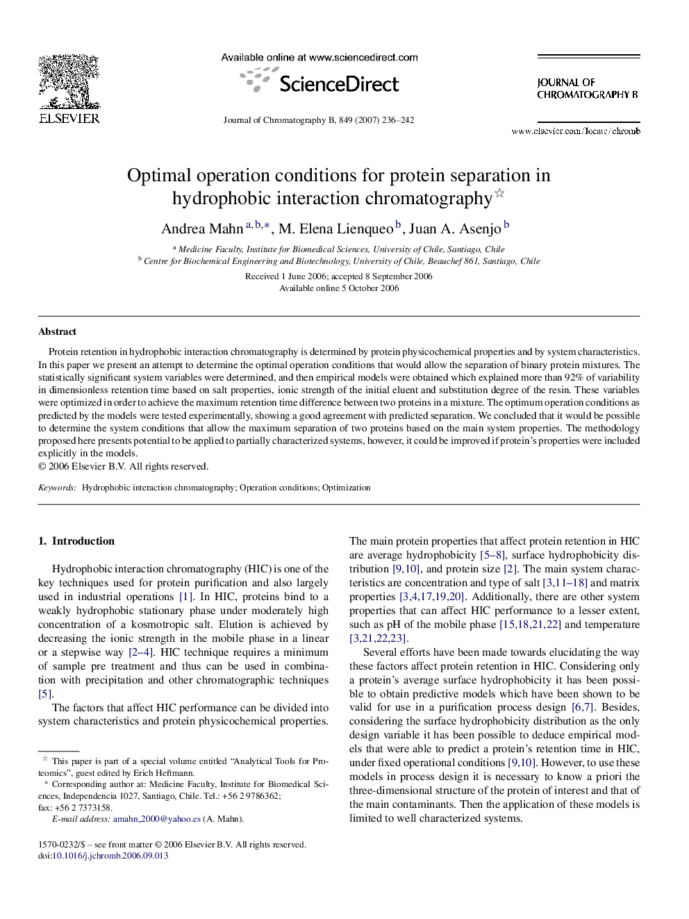 Optimal operation conditions for protein separation in hydrophobic interaction chromatography 