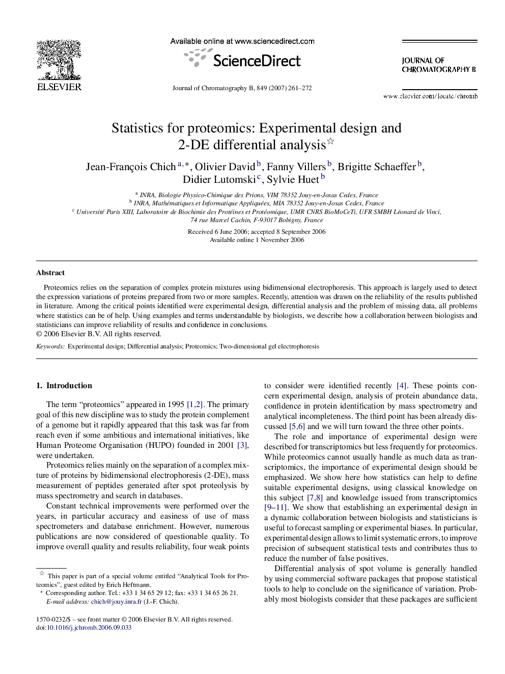 Statistics for proteomics: Experimental design and 2-DE differential analysis 