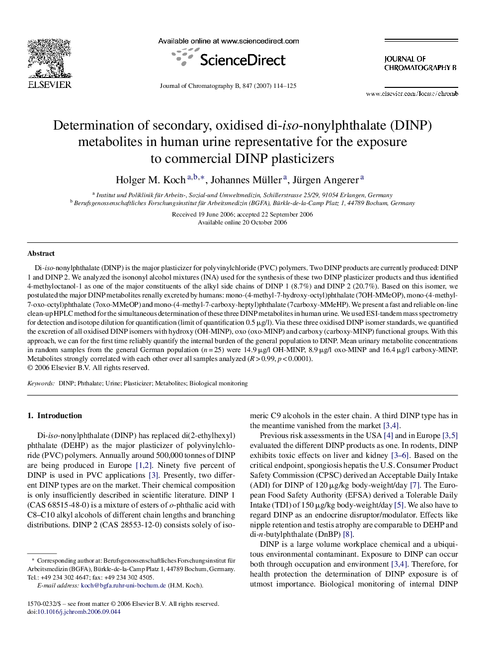 Determination of secondary, oxidised di-iso-nonylphthalate (DINP) metabolites in human urine representative for the exposure to commercial DINP plasticizers