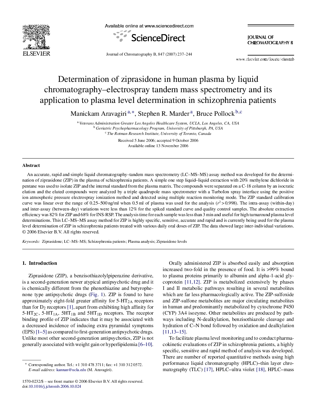 Determination of ziprasidone in human plasma by liquid chromatography–electrospray tandem mass spectrometry and its application to plasma level determination in schizophrenia patients