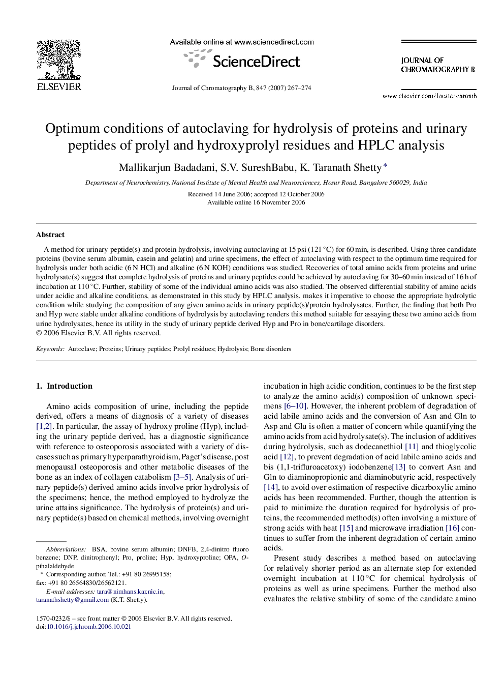 Optimum conditions of autoclaving for hydrolysis of proteins and urinary peptides of prolyl and hydroxyprolyl residues and HPLC analysis