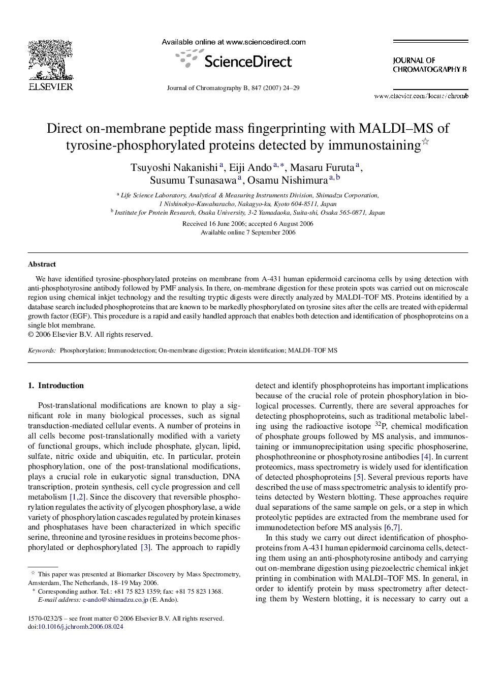 Direct on-membrane peptide mass fingerprinting with MALDI–MS of tyrosine-phosphorylated proteins detected by immunostaining 